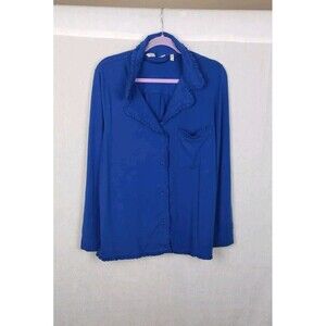 Soft‎ Surroundings Blouse Top Button Front Ruffle Trim Large Blue Chest Pocket